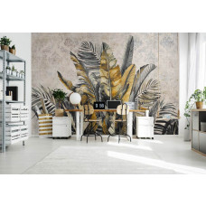 Eine Fototapete mit botanischen Dschungelblättern in einer schönen Vliestapete, ideal für ein Schlafzimmer.