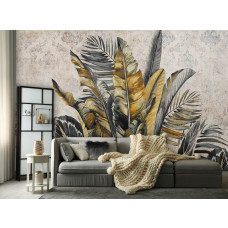 Eine Fototapete mit botanischen Dschungelblättern in einer Vliestapete, geeignet für ein Wohnzimmer.