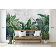 Eine Fototapete mit botanischen Dschungelpflanzen, perfekt für ein Büro.
