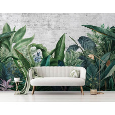 Eine Fototapete mit botanischen Dschungelpflanzen in einer Vliestapete, ideal für ein Schlafzimmer.