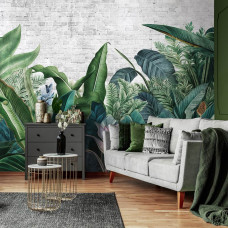Eine Fototapete mit Dschungelpflanzen in einer Vliestapete, geeignet für ein Wohnzimmer.