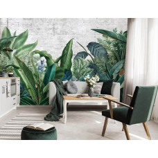 Eine Fototapete mit Dschungelpflanzen in einem botanischen Thema, geeignet für ein Wohnzimmer.