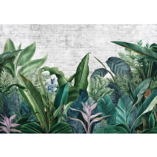 Fototapete mit botanischen Dschungelpflanzen in einer üppigen und tropischen Umgebung.