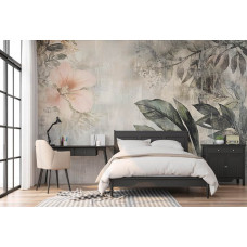 Fotobehang met tropische bladmotieven in artistieke stijl in een rustgevende slaapkamer.