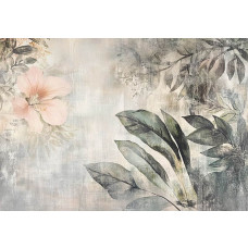 Fotobehang met een botanisch kunstwerk van tropische bladeren en planten in een schilderachtige compositie.