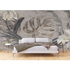 Fototapete botanisch monochrom Monstera fürs Schlafzimmer, mit subtilen Schwarz-Weiß-Tönen und tropischen Pflanzenakzenten.