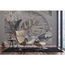 Fototapete botanisch monochrom Monstera fürs Schlafzimmer, mit subtilen schwarz-weißen Nuancen und tropischen Pflanzenakzenten.