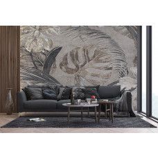 Fototapete botanisch monochrom Monstera im Wohnzimmer, mit einem botanischen Design, das dem Raum eine frische, natürliche Ausstrahlung verleiht.