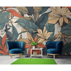 Fotobehang met botanische bladeren in een stijlvolle woonkamer.