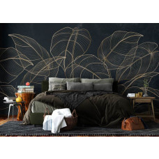 Ein Fototapete mit botanischen Blättern und goldenen Akzenten im Schlafzimmer, bei dem die üppigen Pflanzenmuster und glitzernden Goldlinien eine beruhigende und stilvolle Wirkung erzielen.