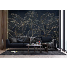 Ein Fototapete mit botanischen Blättern und goldenen Akzenten im Wohnzimmer, bei dem die eleganten Blättermuster und warmen Goldtöne eine schicke und natürliche Atmosphäre schaffen.
