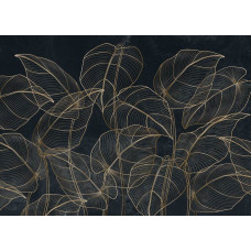Ein Fototapete mit botanischen Blättern und goldenen Akzenten, bei dem tropische Blätter mit raffinierten Goldakzenten kombiniert werden, um eine luxuriöse Ausstrahlung zu schaffen.