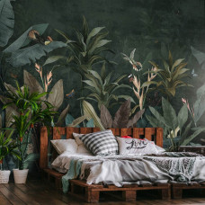 Eine Fototapete einer botanischen Dschungel-Oase mit Pflanzen und Blättern, perfekt für ein Schlafzimmer.