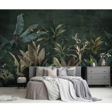 Eine Fototapete einer botanischen Dschungel-Oase mit Pflanzen und Blättern, die dem Raum einen tropischen Look verleiht.