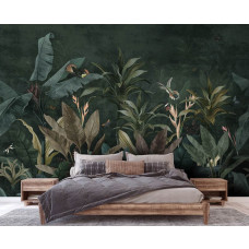 Eine Fototapete einer botanischen Dschungel-Oase mit Pflanzen und Blättern in einer Vliestapete Schlafzimmer.
