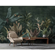 Eine Fototapete einer botanischen Dschungel-Oase mit Pflanzen und Blättern in einem Wohnzimmer.