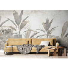 Fototapete von einem botanischen Dschungel in einem Wohnzimmer, sorgt für eine ruhige und harmonische Atmosphäre mit einem Hauch Abenteuer.