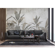 Fototapete von einem botanischen Dschungel im Wohnzimmer, schafft eine frische und lebendige Atmosphäre voller Natur im Haus.