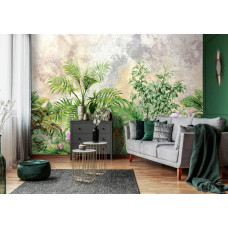 Eine botanische Fototapete mit Dschungelpflanzen im Wohnzimmer.