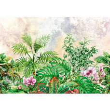 Fototapete mit Dschungelpflanzen und Blättern im botanischen Stil, frische grüne Farben für einen lebendigen Raum.