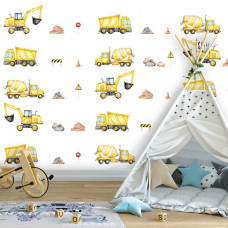 Eine Fototapete von Baustellenverkehr auf einer Baustelle in einer lebendigen Kindertapete.