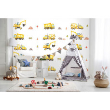 Eine Fototapete von Baustellenverkehr mit Fahrzeugen wie Bagger und Lastwagen auf einer Baustelle für Kinder.