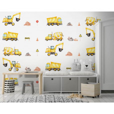 Eine Fototapete von Baustellenverkehr mit Bagger und Lastwagen in einem coolen Kinderzimmer.