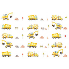 Fototapete von Baustellenverkehr auf einer Baustelle, mit Fahrzeugen für Kinder, wie Bagger und Lastwagen.