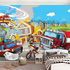 Eine Fototapete mit Feuerwehrautos für Kinder im Baby- und Jungenzimmer.