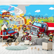 Eine Fototapete mit Feuerwehrautos für Kinder im Baby- und Spielzimmer.