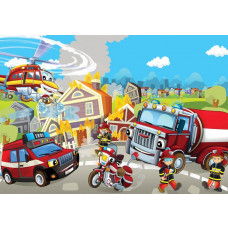 Fototapete mit Feuerwehrautos und Fahrzeugen, perfekt für Kinderzimmer.
