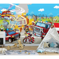 Eine Fototapete mit Feuerwehrautos für Kinder im Baby- und Spielzimmer.