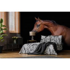 Fototapete mit einem braunen Pferd auf schwarzem Hintergrund im Schlafzimmer.