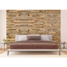 Eine Fototapete mit braunen Steinen in einem Schlafzimmer, die einen ruhigen und erdigen Look bietet.