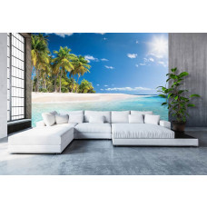 Fototapete Karibikstrand mit Meer und Sonne, ideal für das Wohnzimmer.