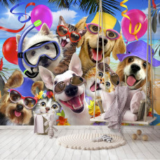 Eine Fototapete mit Katzen und Hunden in einem fröhlichen, kinderfreundlichen Umfeld.