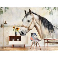 Fotobehang met een charmant wit paard in aquarelstijl dat in een kinderkamer hangt.