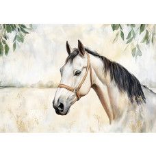 Charmant fotobehang met een wit paard in aquarelstijl, omgeven door zachte beige tinten en groene bladeren.