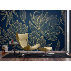 Ein Fototapete mit einem schicken goldenen Blumenmuster in einem modernen Wohnzimmer, bei dem das Zusammenspiel von grünen Blättern und goldenen Akzenten eine stilvolle und zeitlose Ausstrahlung erzeugt.