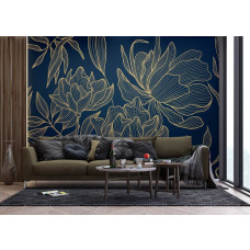 Ein Fototapete mit einem schicken goldenen Blumenmuster im Wohnzimmer, bei dem die Kombination aus warmen Goldtönen und dunkelgrünem Hintergrund eine elegante und stimmungsvolle Atmosphäre schafft.