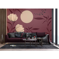 Ein Fototapete mit einem chinesischen Garten im Wohnzimmer, bei dem die detaillierten Blumenmuster, üppigen Pflanzen und beruhigenden Vögel eine östliche und klassische Atmosphäre schaffen.