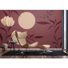 Ein Fototapete mit einem chinesischen Garten in einem modernen Wohnzimmer, bei dem die Kombination aus subtilen Blumen, exotischen Vögeln und warmen Erdtönen eine zeitlose und östliche Ausstrahlung verleiht.