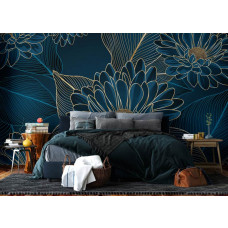 Ein Fototapete mit Chrysanthemen-Blütenpracht im Schlafzimmer, bei dem die glitzernden Goldakzente und reichen Farben eine warme und beruhigende Ausstrahlung verleihen.