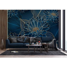 Ein Fototapete mit Chrysanthemen-Blütenpracht in einem modernen Wohnzimmer, bei dem das luxuriöse Blumenmuster mit Goldtönen der Raum eine stilvolle und raffinierte Ausstrahlung verleiht.