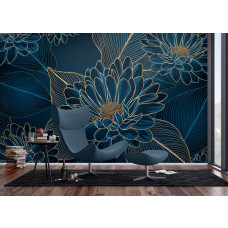 Ein Fototapete mit Chrysanthemen-Blütenpracht im Wohnzimmer, bei dem die goldenen Blumen und tiefen Grüntöne eine schicke und stimmungsvolle Atmosphäre schaffen.