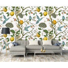Fototapete mit Zitronen und Vögeln in einem gemütlichen Wohnzimmer.