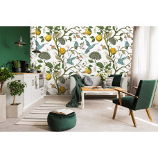 Fototapete mit Zitronen und Vögeln im Vliestapeten-Stil für ein Wohnzimmer.