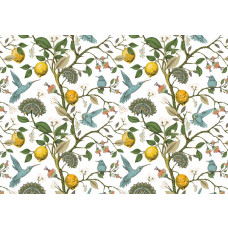 Fototapete mit Zitronen und Vögeln zwischen Blättern, in einer farbenfrohen Komposition.