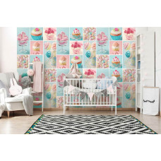 Eine Fototapete mit bunten Cupcakes und Süßigkeiten für die Bäckerei und das Kinderzimmer.