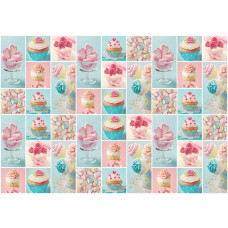 Fototapete mit Cupcakes und Süßigkeiten in rosa und blau, geeignet für Bäckereien oder Küchen.